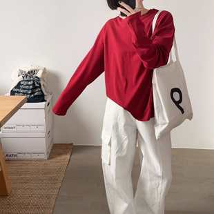 【小喵】韩代26ss 基础纯色棉质圆领宽松显瘦百搭中长款长袖T恤