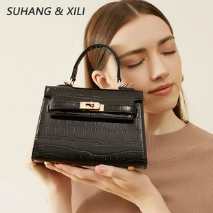 真皮包包女千金凯莉包女2026超火鳄鱼纹手提斜挎包轻奢质感小方包