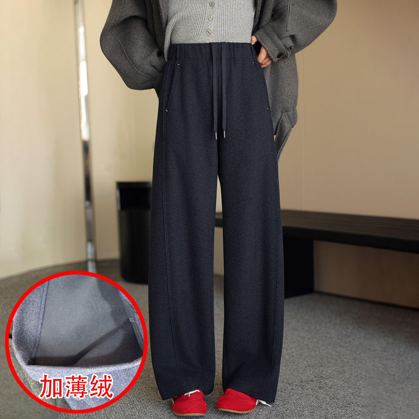 加薄绒宽松女牛仔弯刀裤阔腿裤