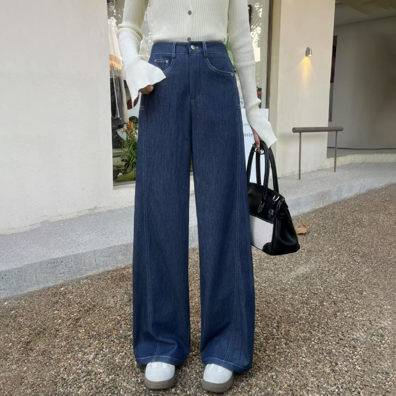 诺仙思美后松紧腰直筒仿牛仔裤女春秋新款宽松显瘦窄版阔腿长裤子