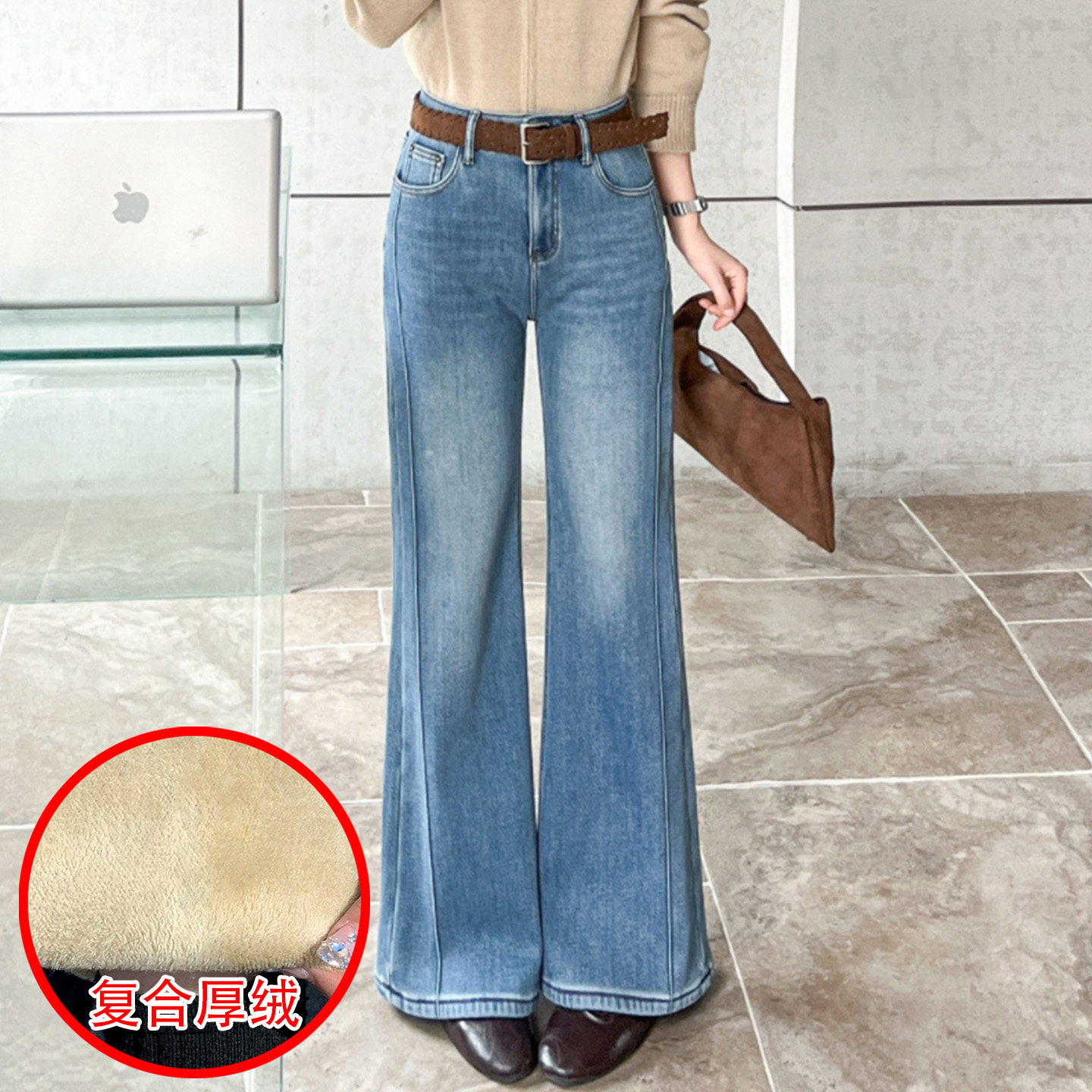 冬季复合厚绒修身牛仔微筒喇叭裤