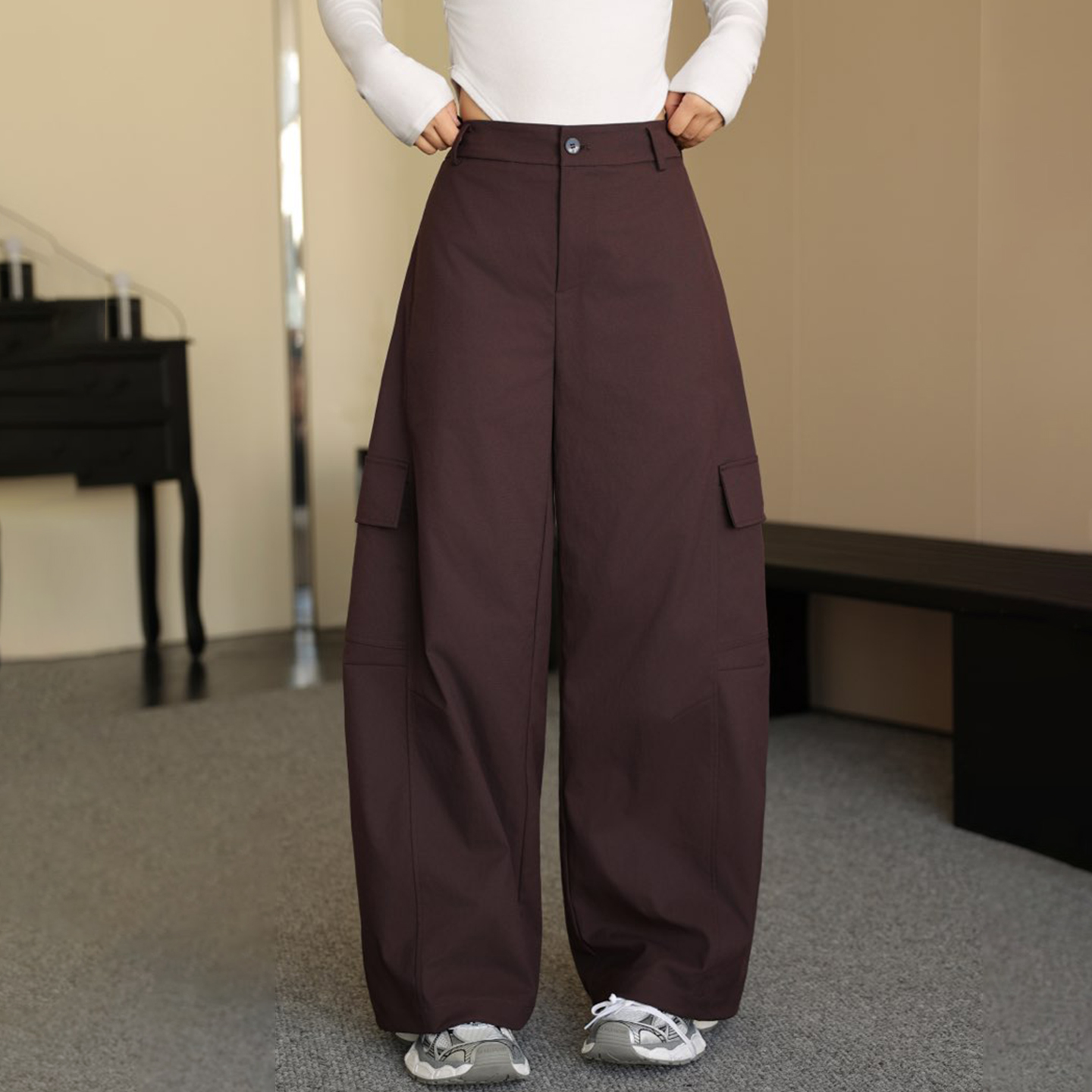 秋冬底抓毛宽松女弯刀裤工装裤潮