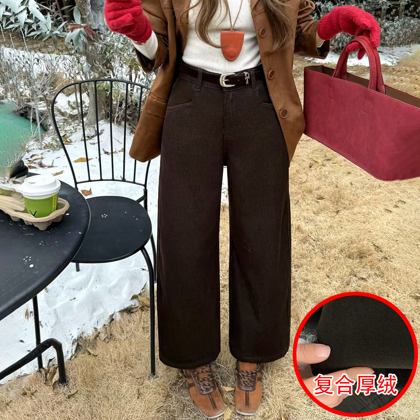 冬新款复合绒显瘦牛仔直筒奶奶裤