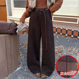 2025冬季 Jeans阿凡牛A5377咖色复合厚绒保暖显瘦女牛仔直筒阔腿裤