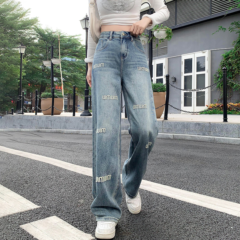 春季jeans字母女牛仔直筒阔腿裤