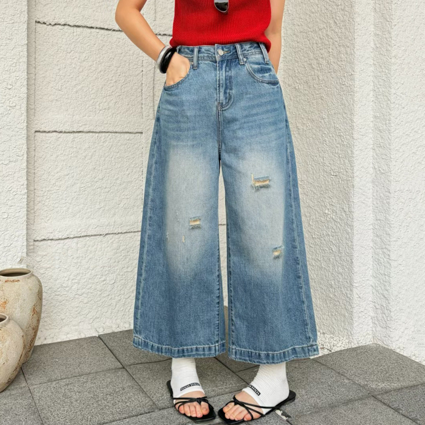 2026夏季新款Jeans阿凡牛A5601宽松显瘦破洞八分女牛仔阔腿弯刀裤