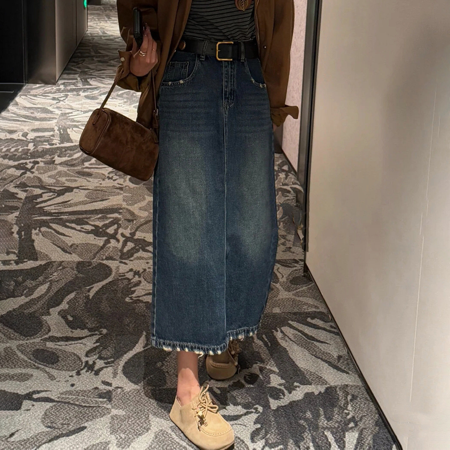 秋季高腰显瘦后开叉女牛仔中长裙
