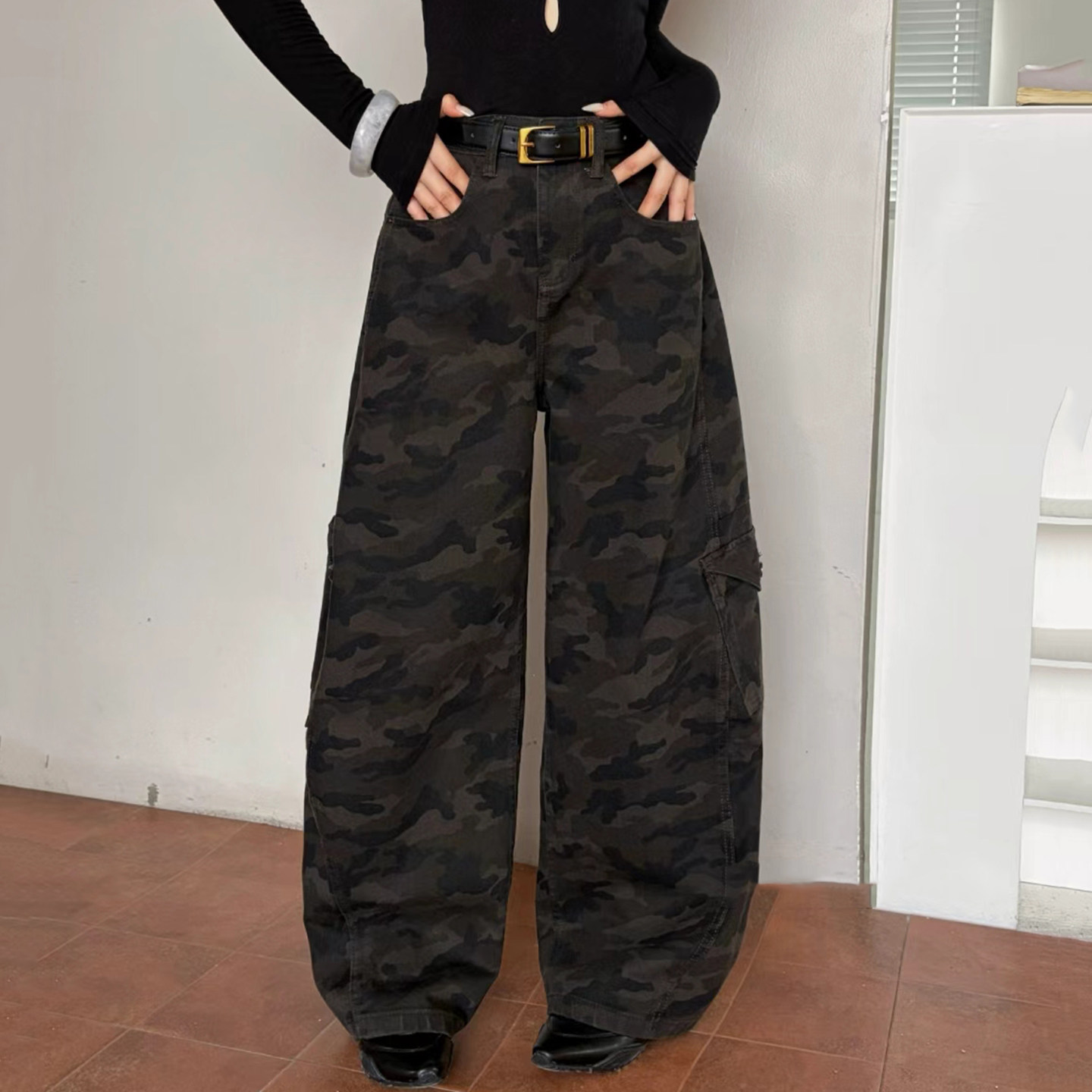 2026秋新款Jeans阿凡牛A5779迷彩显瘦女休闲直筒阔腿弯刀裤工装裤