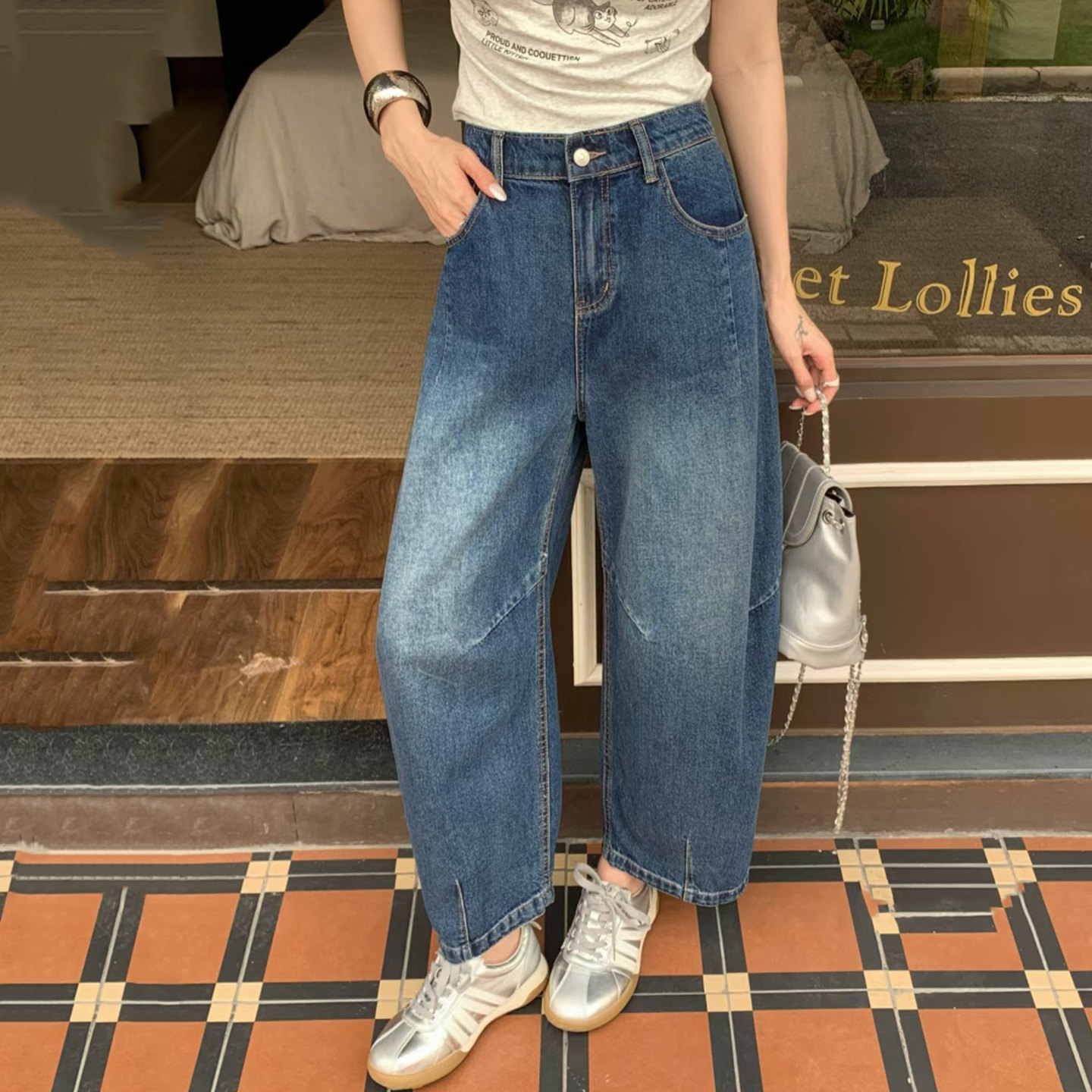 2026夏季新款Jeans阿凡牛A5638后松紧腰宽松显瘦女牛仔阔腿弯刀裤