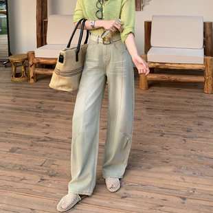 2026春新款Jeans阿凡牛A5540绿宽松弹力显瘦老爹女牛仔弯刀阔腿裤