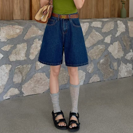 2026夏季新款jeans阿凡牛5687深蓝宽松显瘦四分A字女牛仔阔腿短裤