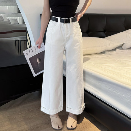 2026夏新款jeans阿凡牛A5014-1米白翻边百搭九分女牛仔直筒阔腿裤