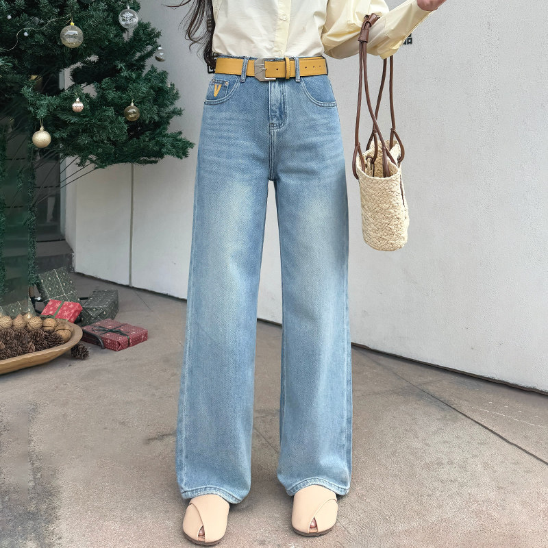 2026春新款Jeans阿凡牛3918浅蓝V字宽松显瘦窄版女牛仔直筒阔腿裤