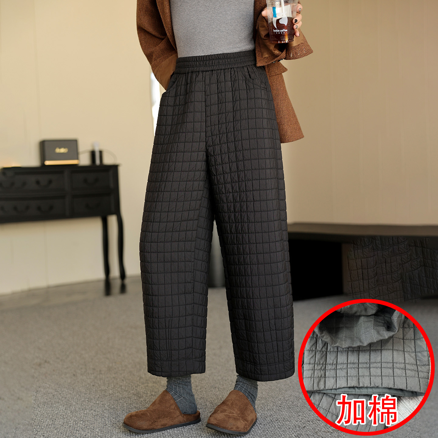冬加厚华夫格夹棉保暖九分阔腿裤