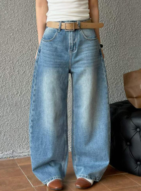 2026春季新款Jeans阿凡牛A5521蓝色宽松显瘦阔腿弯刀裤女牛仔筒裤