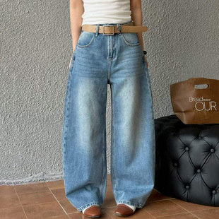 2026春季新款Jeans阿凡牛A5521蓝色宽松显瘦阔腿弯刀裤女牛仔筒裤