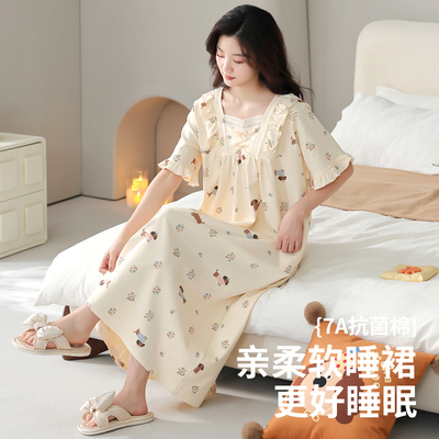 7A抗菌高级感睡裙女夏季拉架棉短袖睡衣女可爱卡通娴静舒适家居服