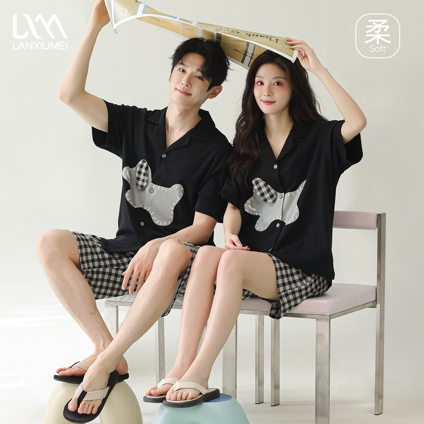 兰秀美【超柔软】纯棉情侣款睡衣女夏季短袖开衫格子小狗家居服男