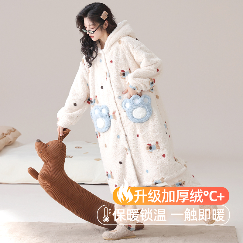 冬季保暖珊瑚绒睡袍长裤套装
