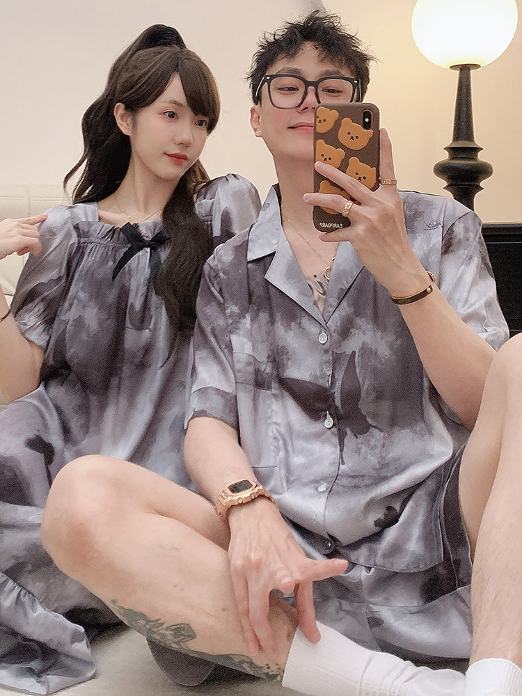 冰丝情侣睡衣夏季短袖睡衣女式薄睡衣男式可穿戴的奢华户外家装套