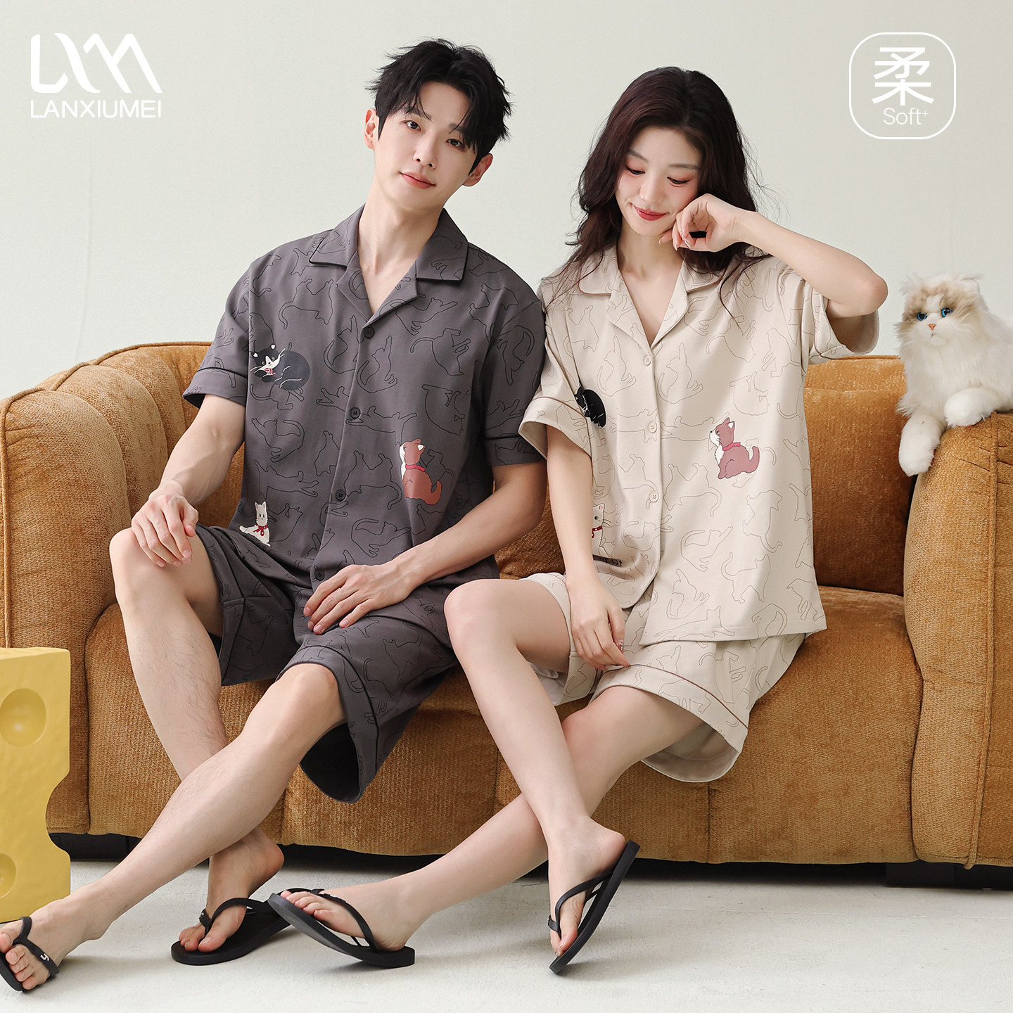 兰秀美情侣款睡衣短袖纯棉夏季一男一女卡通可爱小猫家居服套装