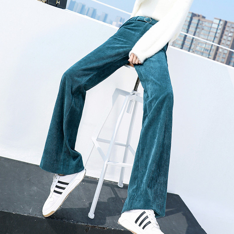 2019秋冬高腰直筒垂感宽松加绒加厚拖地裤条绒阔腿裤灯芯绒裤子女