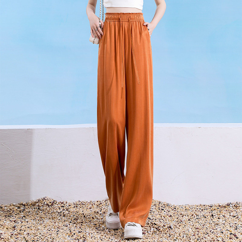 铜氨丝阔腿裤女夏季薄款2023新款高腰垂感拖地裤松紧腰直筒休闲裤