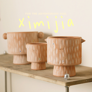 红陶盆多肉绿植盆栽彩色陶粒波点双耳做旧透气造型复古陶土花盆