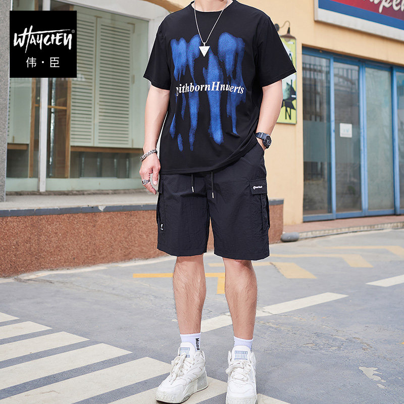 伟臣夏新品大码男式休闲运动套装潮胖子加肥加大宽松短裤T恤