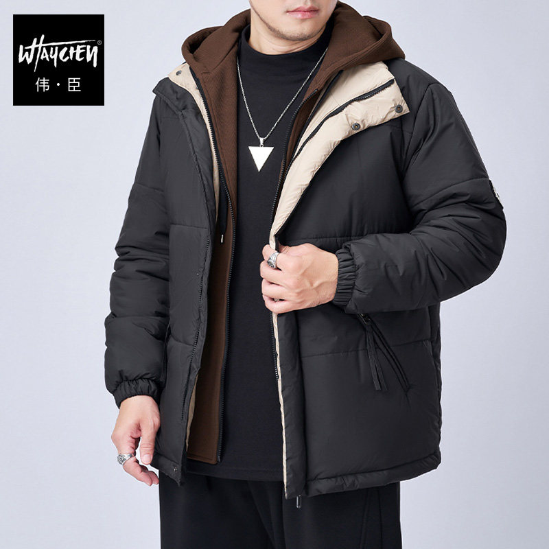 伟臣潮流大码男装冬季加厚棉衣男胖子加肥加大假两件连帽棉服外套