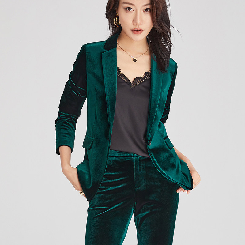 春秋2025新款女套装时尚金丝绒西装外套职业装休闲西服两件女套装