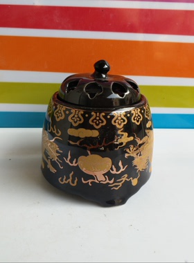 库存清仓双龙耍宝黑色描金陶瓷精油香薰炉家用室内除臭驱蚊香炉