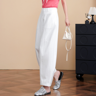 女2026春季 气球裤 新款 宽松休闲阔腿时尚 高腰拱包裤 九分白色弯刀裤