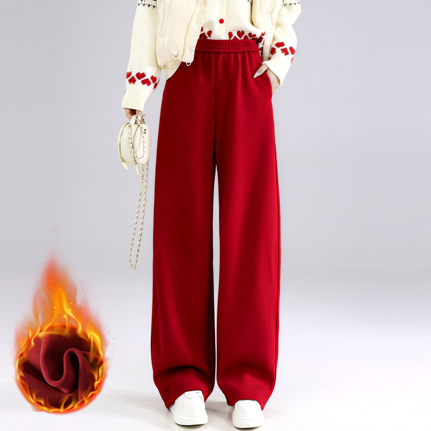 红色宽松加绒阔腿裤女秋冬新款垂感高腰显瘦休闲裤保暖弯刀卫裤子,女装/女士精品,休闲裤,淘宝优惠券,粉丝福利购,淘宝优惠卷