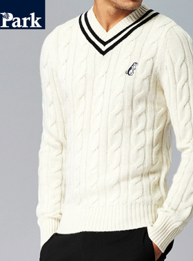 V领毛衣男韩版学院棒针绞花纯羊毛针织衫撞色双杠套头厚柔软修身