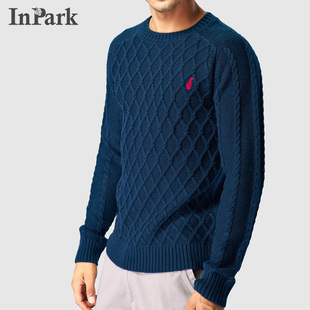 圆领毛衣春秋打底衫男美式休闲套头长袖修身透气厚羊毛粗线针织衫