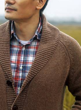 青果领毛衣男复古外套欧美简约修身粗线衫翻领插肩袖羊毛针织开衫