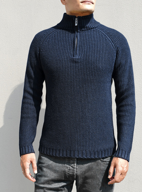 半高领厚毛衣男粗针织羊毛衫秋冬美式休闲修身半开拉链插肩袖线衫