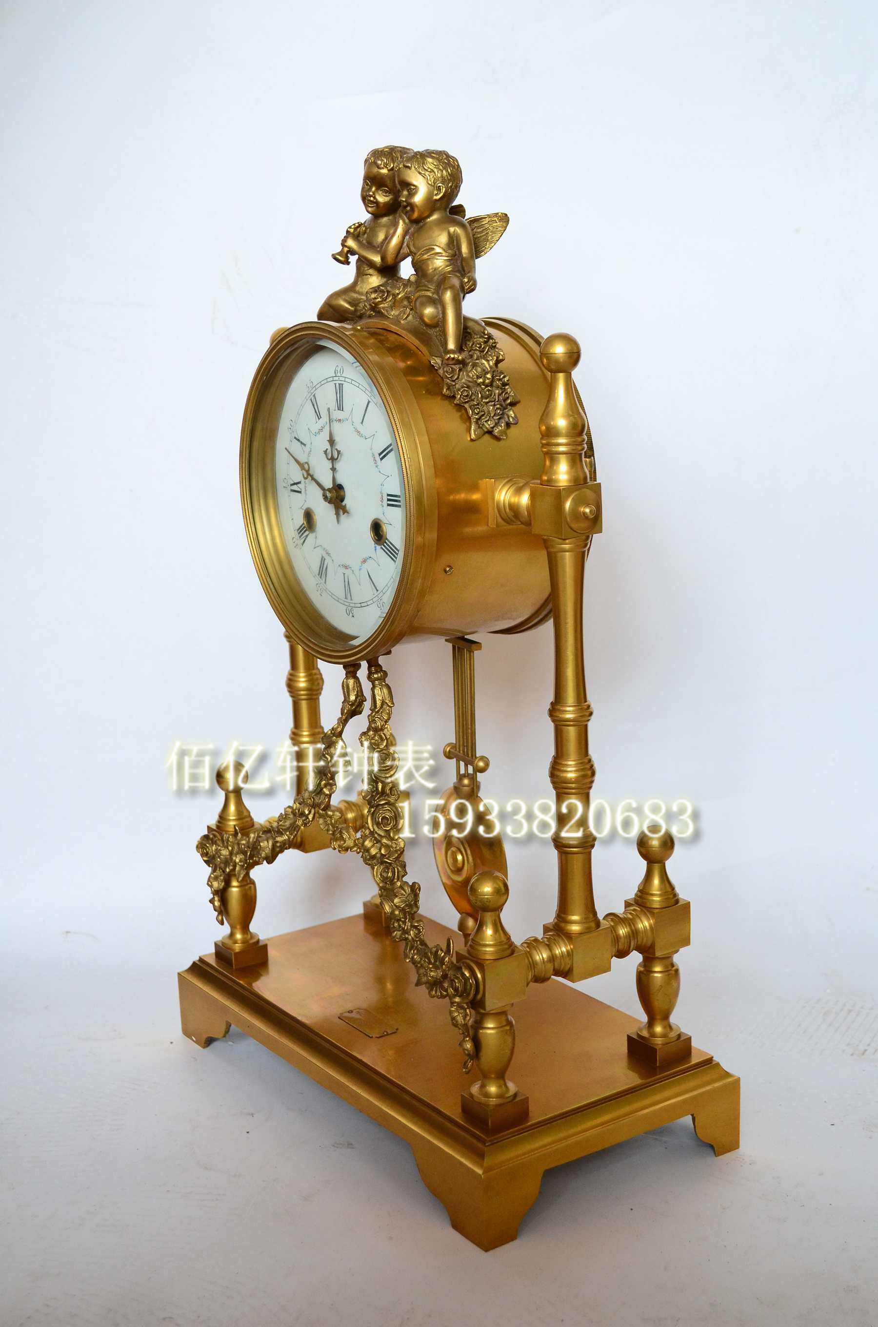 古钟纯铜金色机械报时发条上弦座钟欧式家居摆钟条案条机摆钟复古