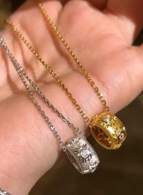 纯银s925布家风拉丝工艺路路通项链镶钻复古设计时尚饰品新锁骨链