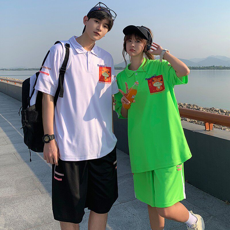 夏季超大码情侣一套装学生polo衫短袖T恤男女加肥加大码短裤班服