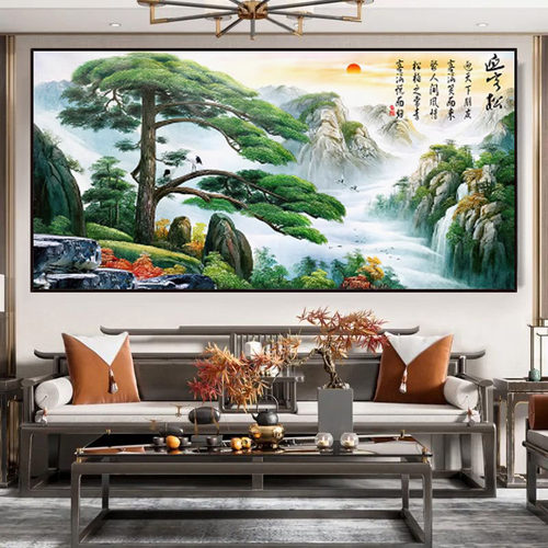 新中式迎客松自粘墙纸贴画壁纸