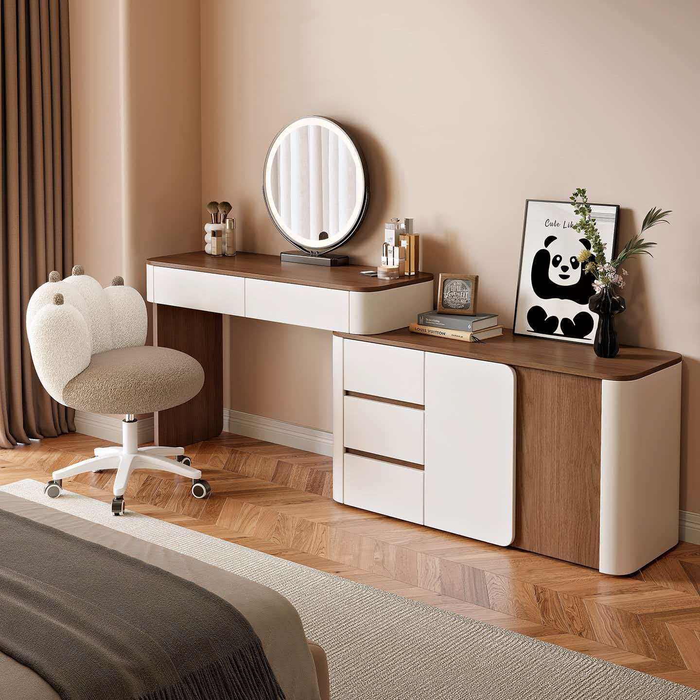 轻奢实木梳妆台卧室斗柜一体现代简约化妆桌高档转角中古奶油风