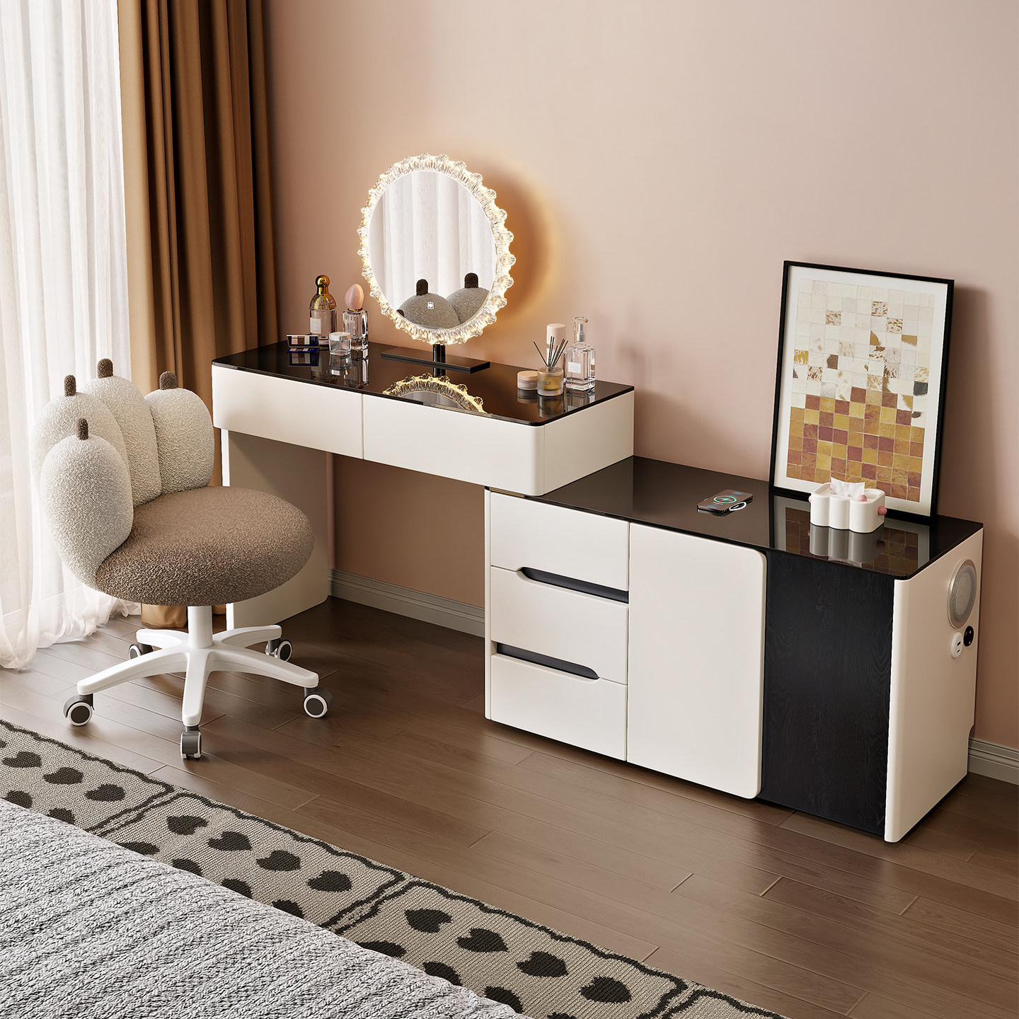 2026新款实木智能梳妆台卧室现代简约奶油风斗柜收纳柜一体化妆桌