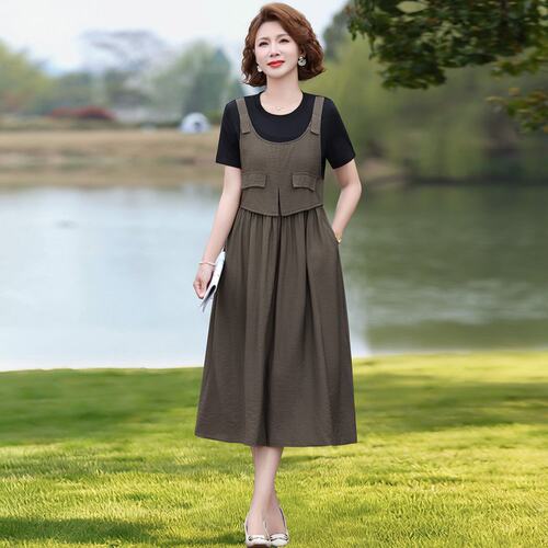 y75妈妈夏装短袖洋气过膝裙子中年女夏季中老年夏天薄款a09连衣裙