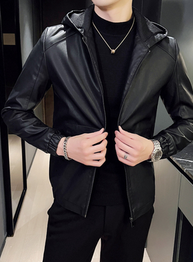 w32春季2026新款时尚帅气连帽衫皮衣外套男士修身c07痞帅机车服