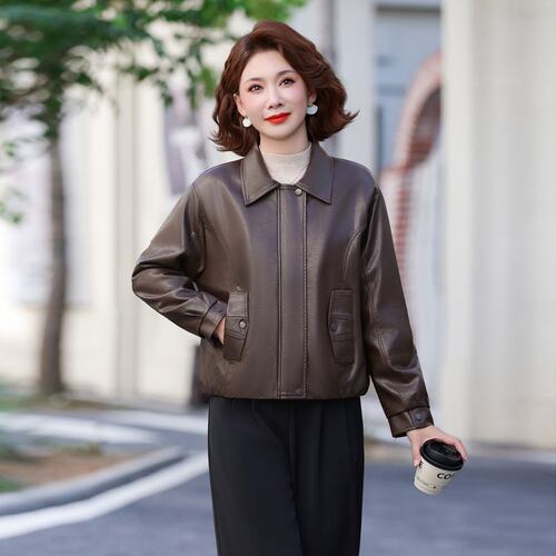 n26秋季新款洋气皮衣女短款外套妈妈装皮夹克中老年女装c94皮外套