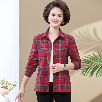 w58春秋装妈妈装格子长袖衬衫纯棉休闲打底衫a06中老年女衬衣外套