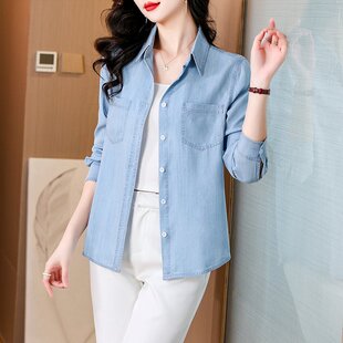 纯棉中年牛子寸衫 w67春秋装 衬衫 牛仔服长袖 c06中老年女衬衣 妈妈装