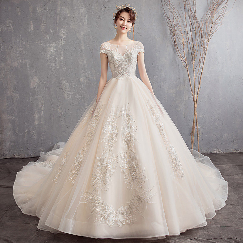 婚纱礼服2019新款新娘显瘦一字肩长拖尾梦幻森系网红抖音小个子女